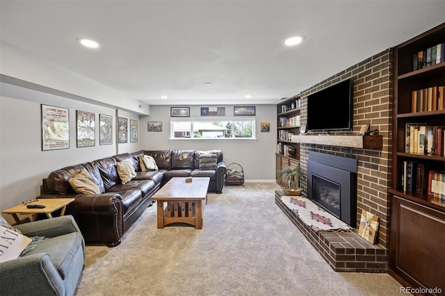 1733 S Urban Way, Lakewood, CO 80228 - living room with a fireplace, light carpet, and recessed lighting