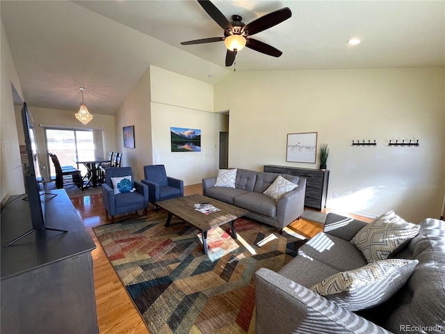 117 Red Tail Blvd, Buena Vista, CO 81211 - living room featuring wood finished floors, vaulted ceiling, and a ceiling fan