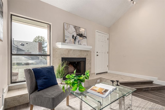3049 E Long Cir S, Centennial, CO 80122 - living room featuring vaulted ceiling, wood finished floors, and a fireplace