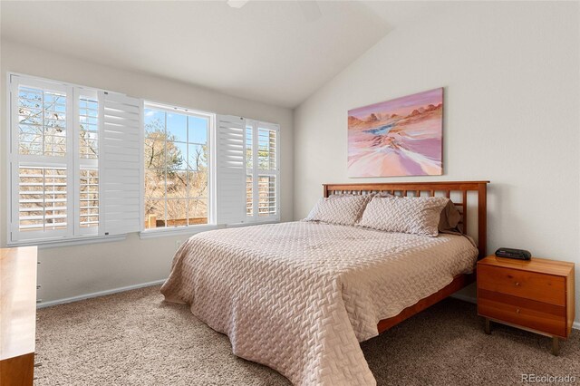 bedroom featuring carpet and vaulted ceiling