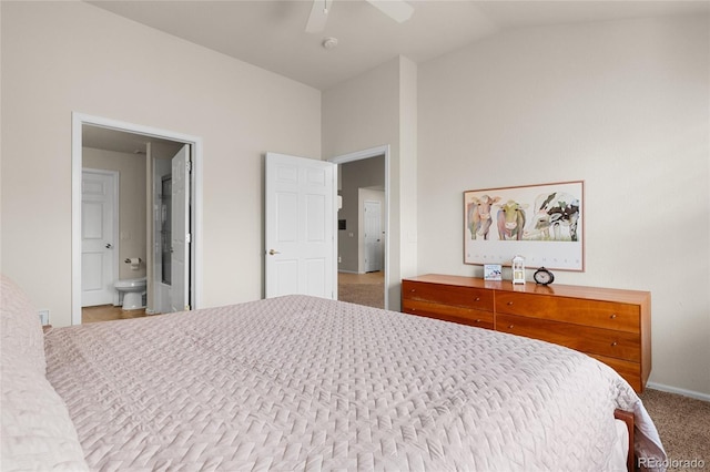 bedroom featuring connected bathroom, carpet, a ceiling fan, and vaulted ceiling