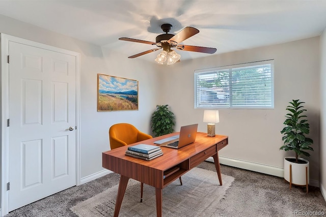 carpeted office space featuring baseboard heating and ceiling fan