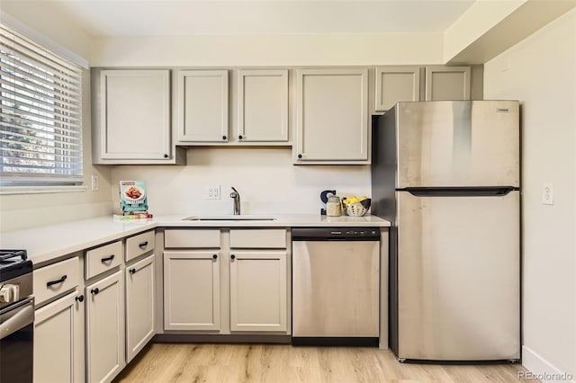 kitchen with gray cabinetry, light wood-style flooring, a sink, stainless steel appliances, and light countertops