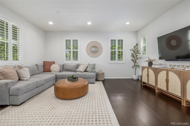 3433 N Wabash St, Denver, CO 80238 - living area featuring dark wood-type flooring and recessed lighting
