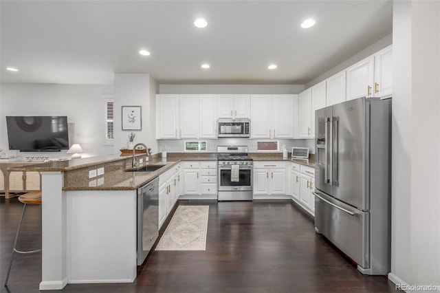 3433 N Wabash St, Denver, CO 80238 - kitchen with stainless steel appliances, a peninsula, dark stone counters, white cabinetry, and dark wood-style floors
