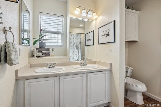 full bathroom featuring double vanity, wood finished floors, a sink, and toilet