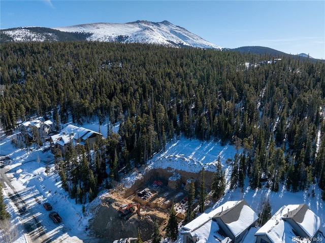 aerial view featuring a mountain view and a wooded view