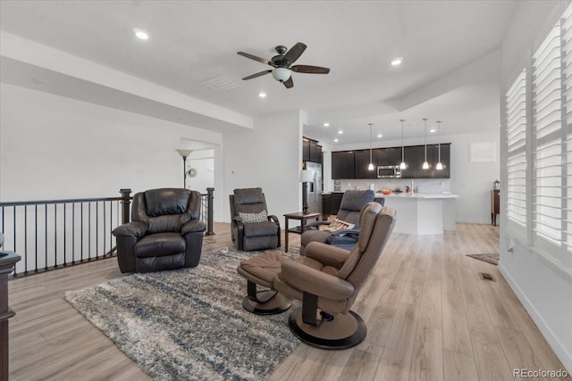 5045 Preserve Pl, Firestone, CO 80504 - living room featuring a ceiling fan, light wood-style flooring, and recessed lighting