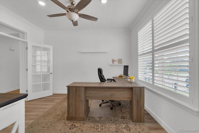 5045 Preserve Pl, Firestone, CO 80504 - office area featuring crown molding, wood finished floors, a ceiling fan, and recessed lighting