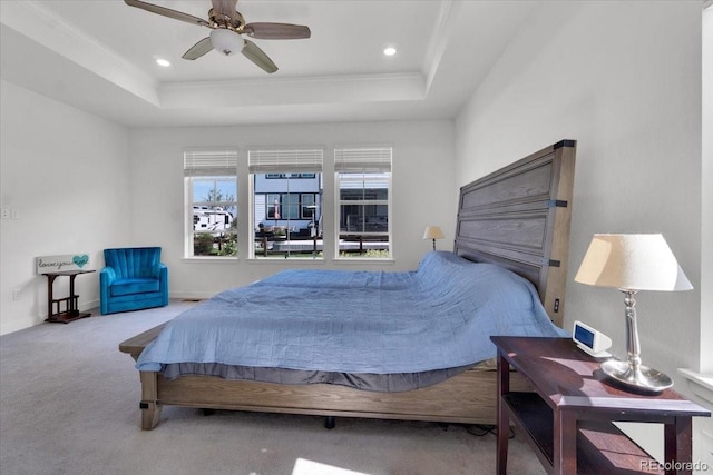 5045 Preserve Pl, Firestone, CO 80504 - bedroom featuring a raised ceiling, carpet floors, crown molding, recessed lighting, and ceiling fan