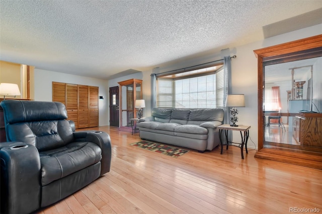 living room with light hardwood / wood-style flooring and a textured ceiling