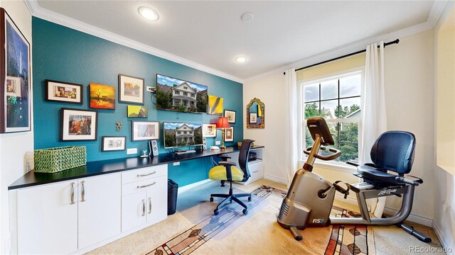home office featuring ornamental molding, baseboards, recessed lighting, and light colored carpet