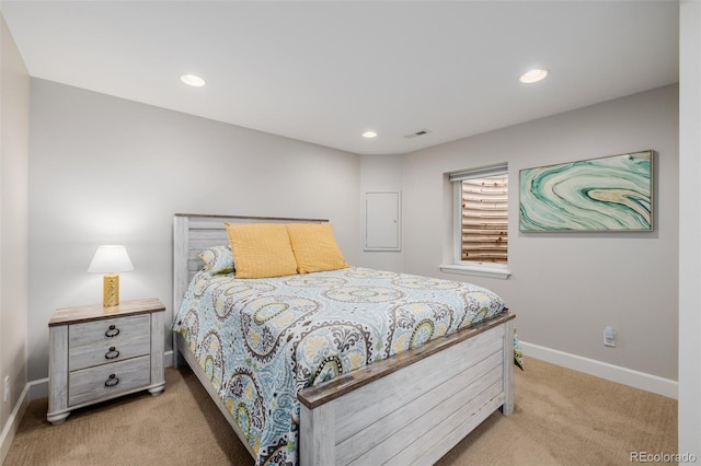 bedroom with recessed lighting, light carpet, visible vents, and baseboards