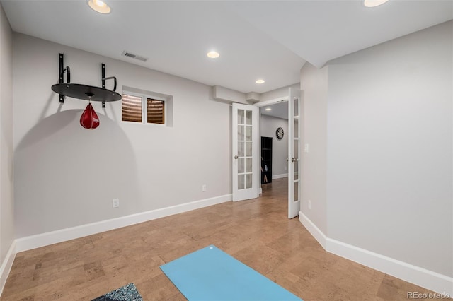 workout room with recessed lighting, baseboards, visible vents, and french doors