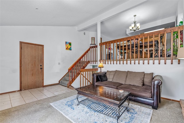 18771 Mexico Dr E, Aurora, CO 80017 - carpeted living area with a chandelier, tile patterned flooring, baseboards, and stairway