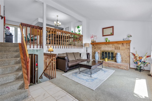 18771 Mexico Dr E, Aurora, CO 80017 - living area featuring carpet, a chandelier, a brick fireplace, lofted ceiling, and stairway