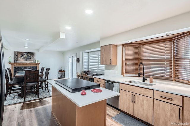 kitchen with light hardwood / wood-style floors, stainless steel dishwasher, a kitchen island, and sink