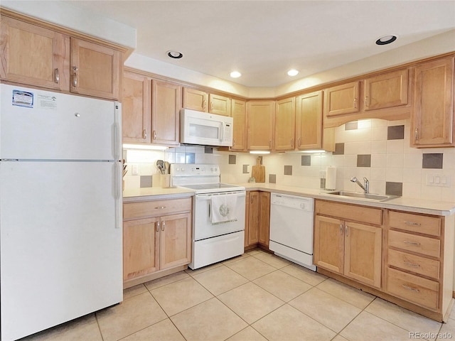 kitchen with backsplash, white appliances, sink, and light tile patterned floors