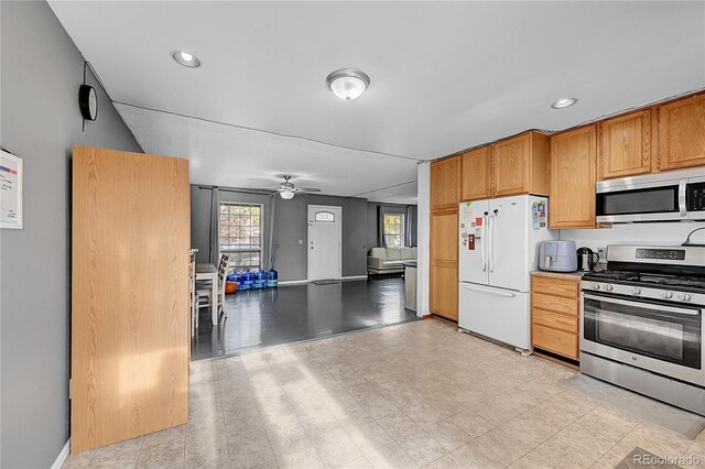 1550 S Telluride St, Aurora, CO 80017 - kitchen featuring stainless steel appliances, ceiling fan, recessed lighting, open floor plan, and baseboards
