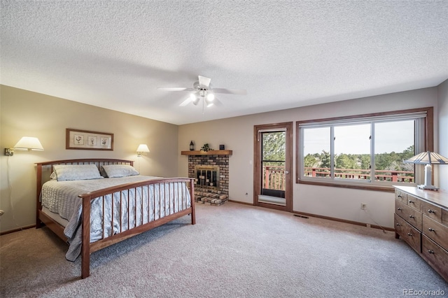 bedroom featuring access to outside, baseboards, and light colored carpet