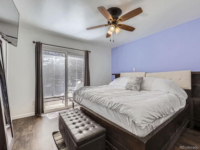 bedroom featuring access to exterior, dark wood-type flooring, and ceiling fan