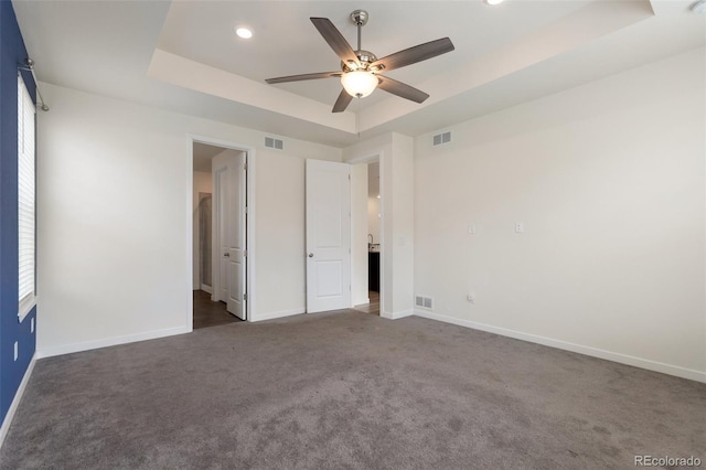 24314 E Ford Ave, Aurora, CO 80018 - unfurnished bedroom with a raised ceiling, carpet, baseboards, recessed lighting, and a ceiling fan