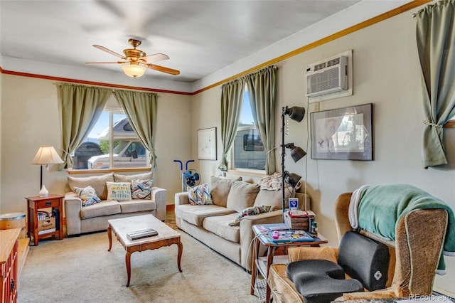 carpeted living room featuring ceiling fan and a wall unit AC