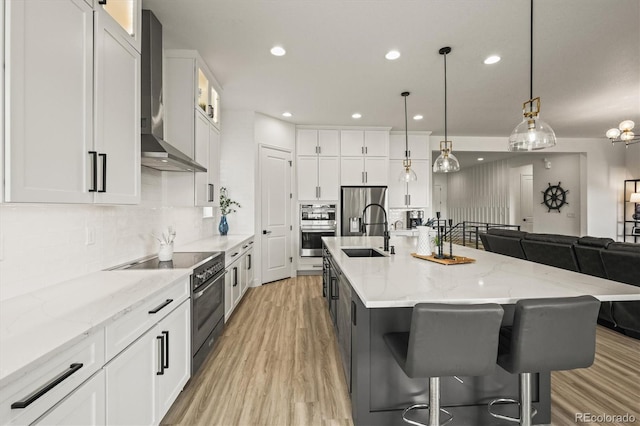 8985 Chalk Creek Pl, Littleton, CO 80125 - kitchen featuring wall chimney exhaust hood, appliances with stainless steel finishes, a sink, light wood-style floors, and backsplash