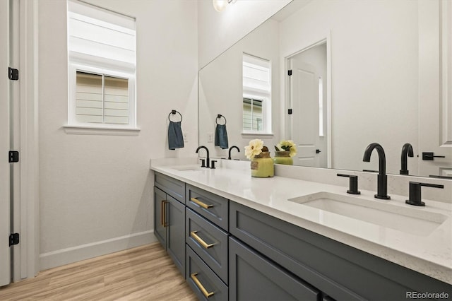 8985 Chalk Creek Pl, Littleton, CO 80125 - full bath featuring double vanity, wood finished floors, and baseboards