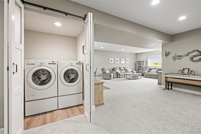 8985 Chalk Creek Pl, Littleton, CO 80125 - washroom featuring washing machine and clothes dryer, carpet, and recessed lighting