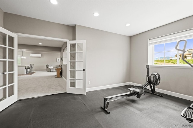 8985 Chalk Creek Pl, Littleton, CO 80125 - workout room with french doors, recessed lighting, an AC wall unit, and baseboards