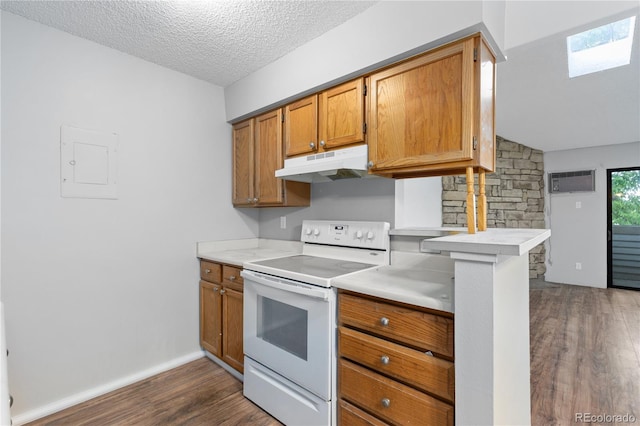 kitchen featuring a textured ceiling, dark hardwood / wood-style floors, white electric stove, and a skylight