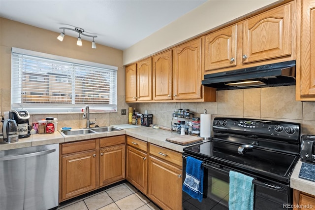 kitchen with black electric range oven, a sink, decorative backsplash, dishwasher, and under cabinet range hood