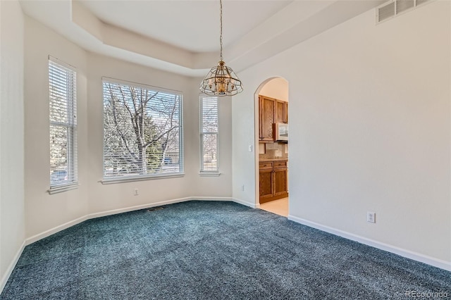 unfurnished room featuring a raised ceiling, carpet flooring, baseboards, and visible vents