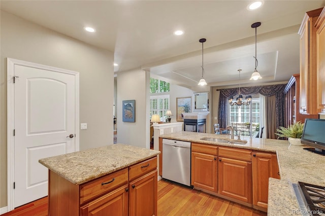 4545 S Monaco St Unit 114, Denver, CO 80237 - kitchen with dishwasher, light wood-style flooring, plenty of natural light, a chandelier, and recessed lighting