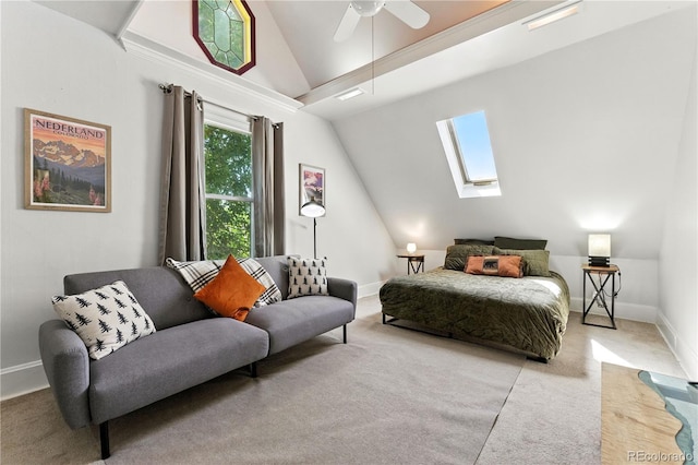 222 S Logan St, Denver, CO 80209 - bedroom with lofted ceiling, a skylight, light carpet, and a ceiling fan