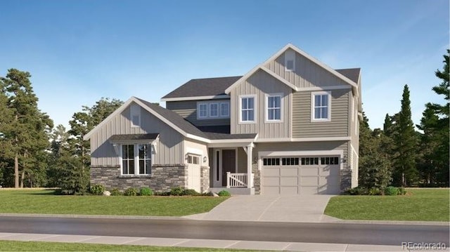 craftsman-style home with a garage, concrete driveway, a front lawn, and board and batten siding