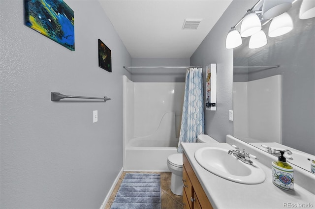 full bathroom featuring vanity, visible vents, tile patterned flooring, shower / bath combination with curtain, and toilet