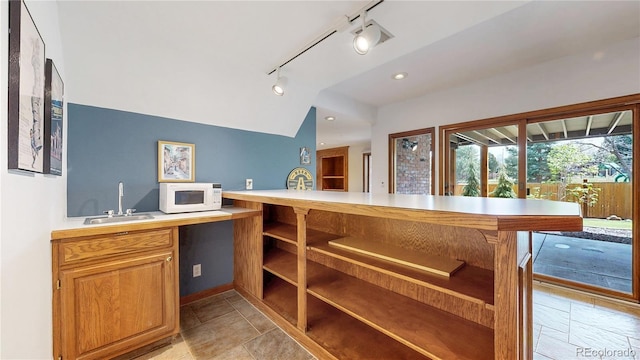 10346 E Crestridge Ln, Englewood, CO 80111 - bar area with white microwave, a sink, lofted ceiling, and rail lighting