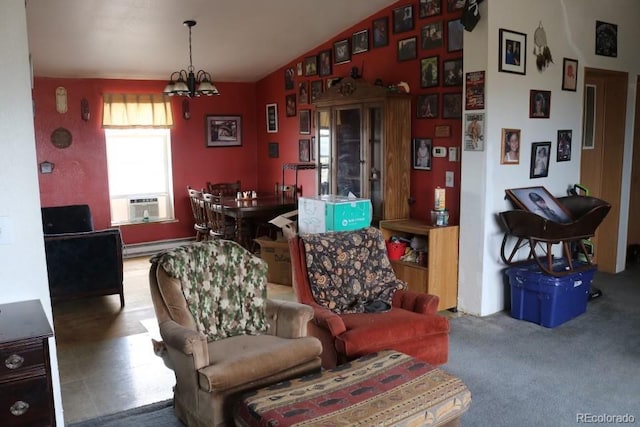 carpeted living room with vaulted ceiling, an inviting chandelier, and a baseboard radiator