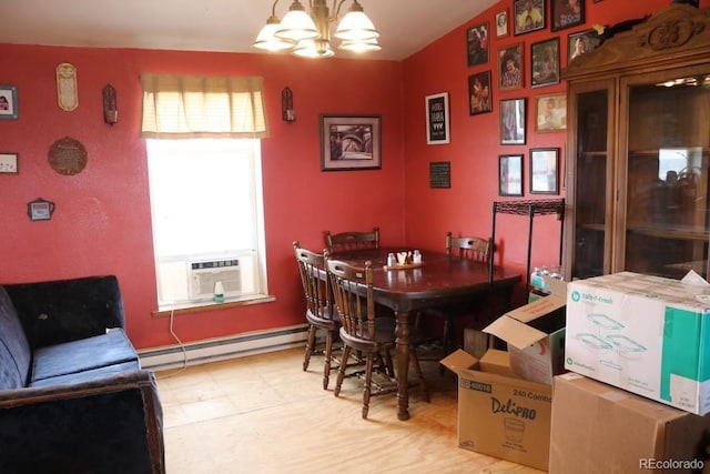 dining room featuring a baseboard radiator, cooling unit, and a notable chandelier