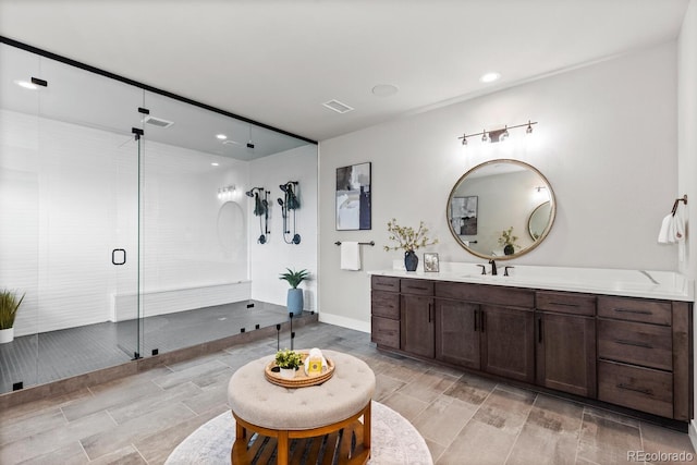423 Rogers Way, Castle Rock, CO 80104 - full bath with vanity, wood finish floors, a stall shower, and recessed lighting