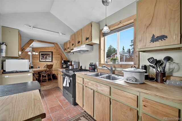 kitchen featuring gas range, under cabinet range hood, a sink, lofted ceiling, and wooden walls