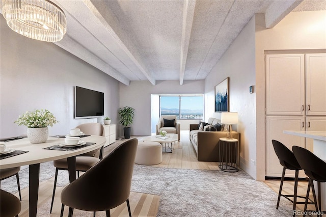 living room with an inviting chandelier, a textured ceiling, and beam ceiling