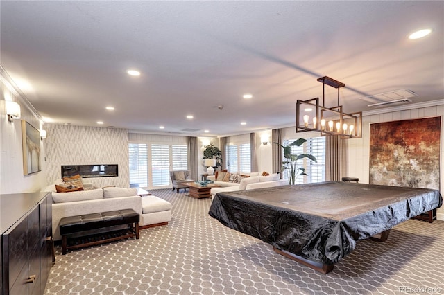 rec room with recessed lighting, carpet, crown molding, and pool table