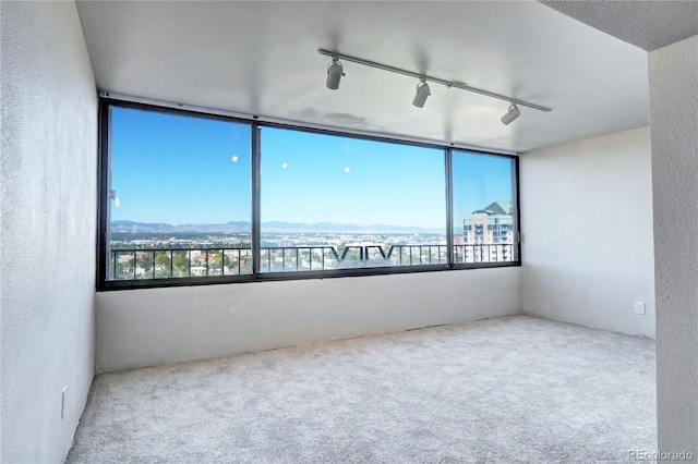 carpeted empty room with a view of city and a textured wall