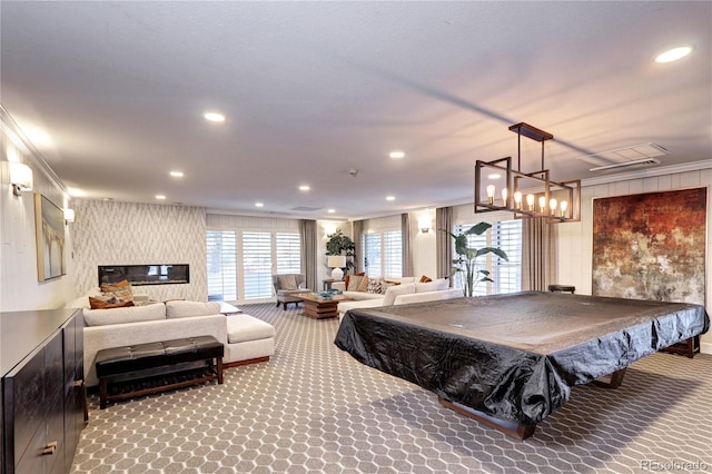 130 N Pearl St Unit 1606, Denver, CO 80203 - game room featuring carpet flooring, ornamental molding, billiards, and recessed lighting