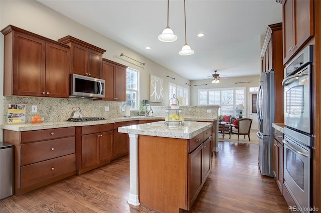 kitchen with decorative light fixtures, dark hardwood / wood-style flooring, plenty of natural light, and stainless steel appliances