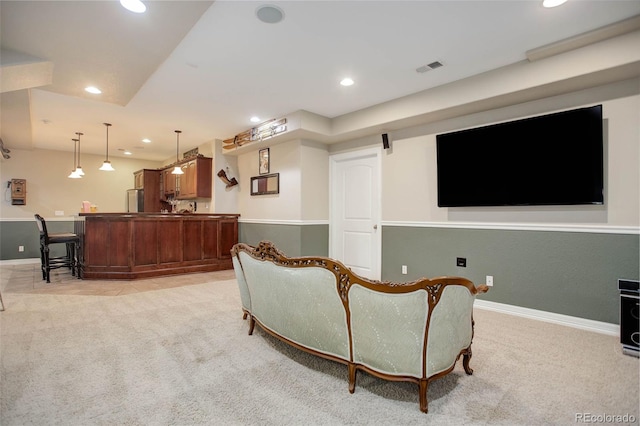 living room featuring light carpet