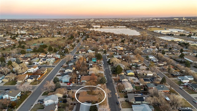 view of aerial view at dusk